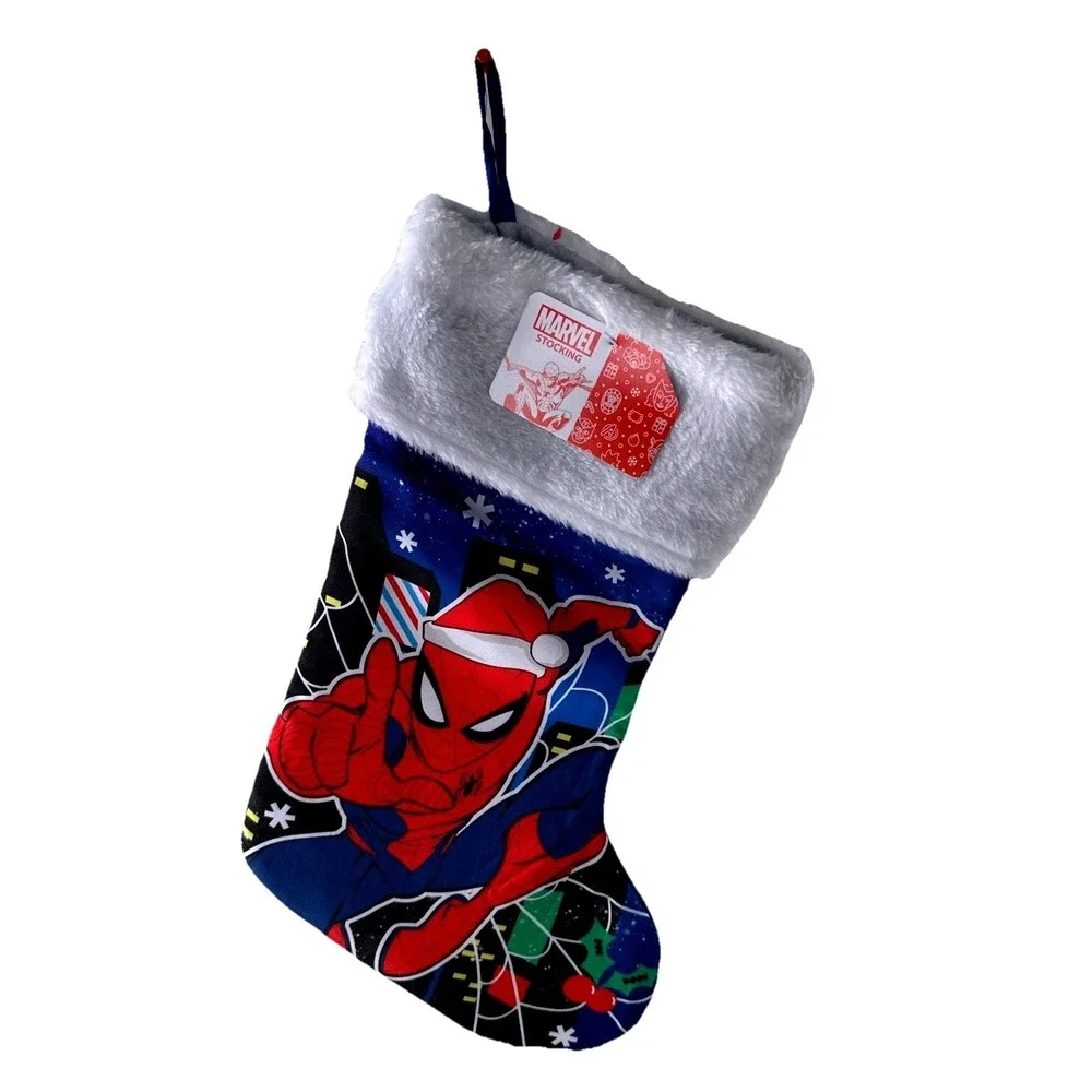 Marvel Spider-Man Christmas Stocking Blue‎ Red Santa Hat Plush Cuff 15 Inch NWT